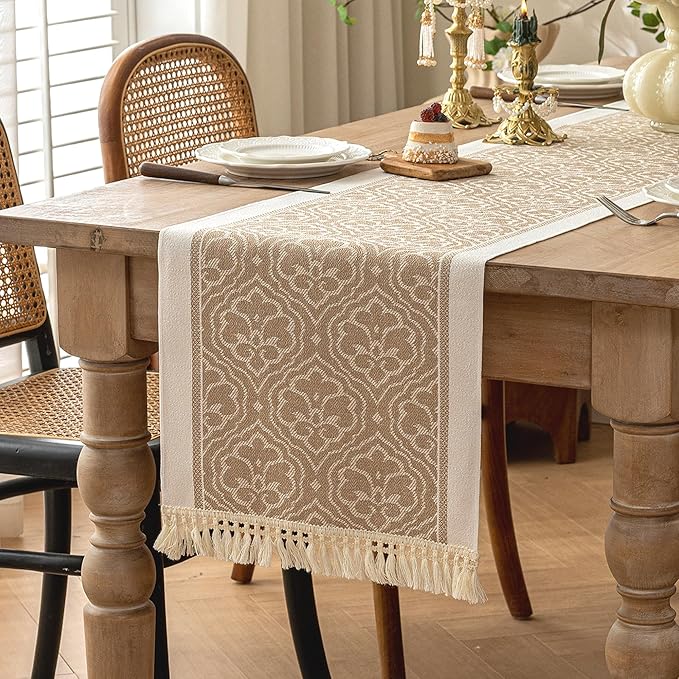 Coffee Polyester Table Runner, 14 x 95 Inch Geometric Fringed Design