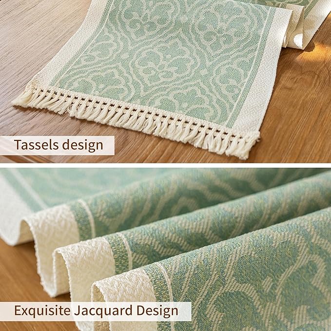 Table Runner 14 x 83 Inch Green Polyester Boho Runner
