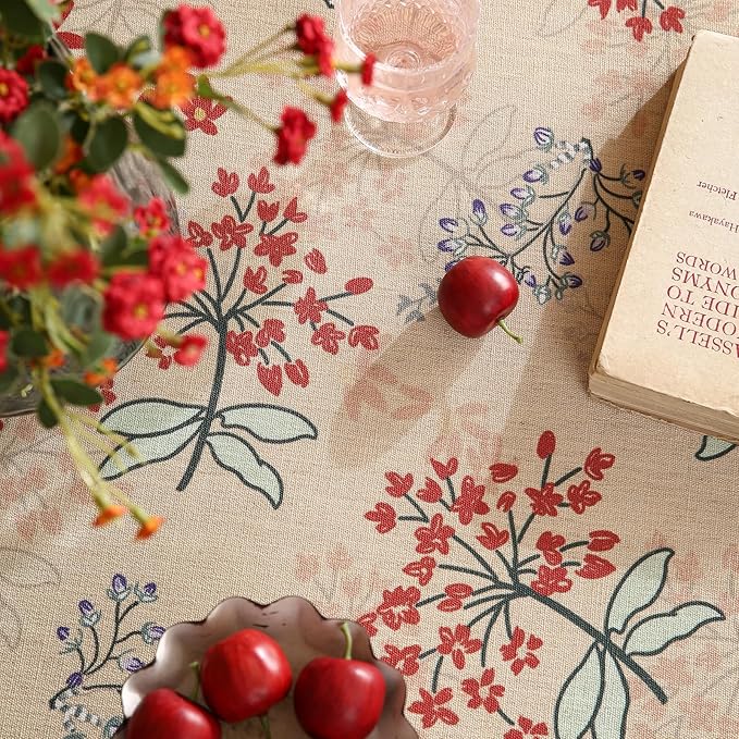 Round Tablecloth, 67-Inch, Polyester-Linen Blend, Vintage Red Floral Pattern