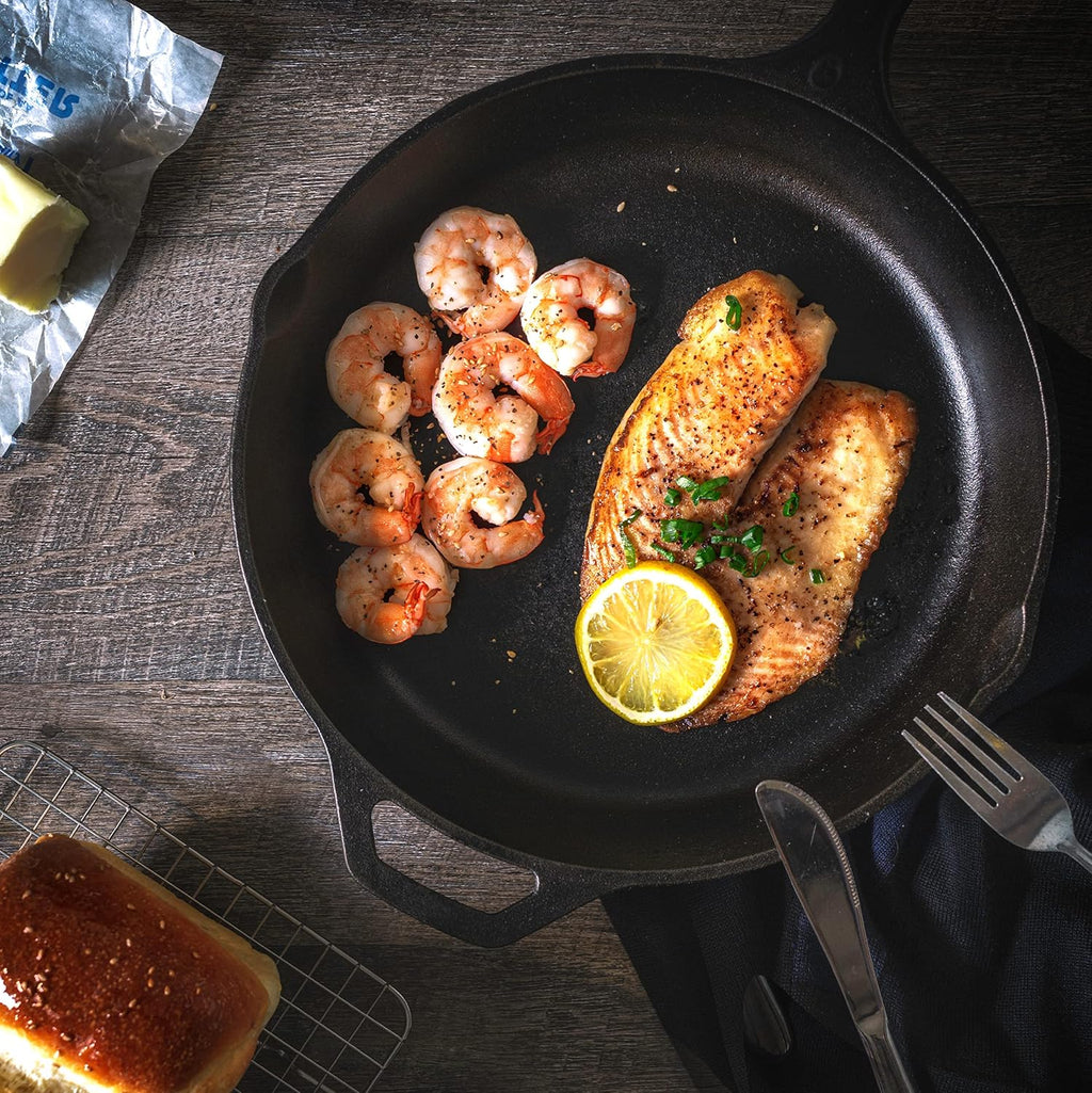 Cast Iron Skillet 12 Inch with Lid Chefs Frying Pan Black – features