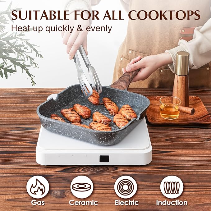 SENSARTE Nonstick Grill Pan for Stove Tops, Versatile Griddle Pan with Pour Spouts, Square Grill Pan for Big Cooking Surface, Durable Grill Skillet for Indoor & Outdoor Grilling. PFOA Free, 11 Inch