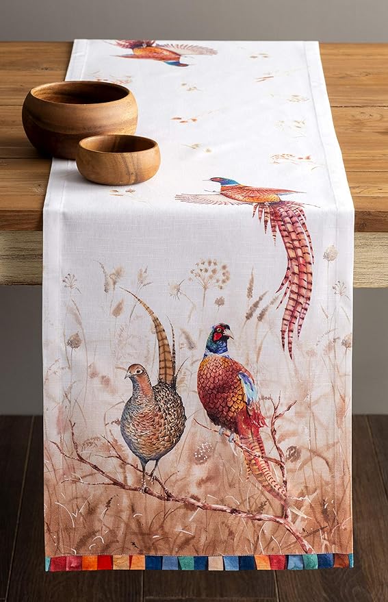 Cotton Table Runner 14.5 x 90 Inch, Faisan D'Automne Watercolor Design