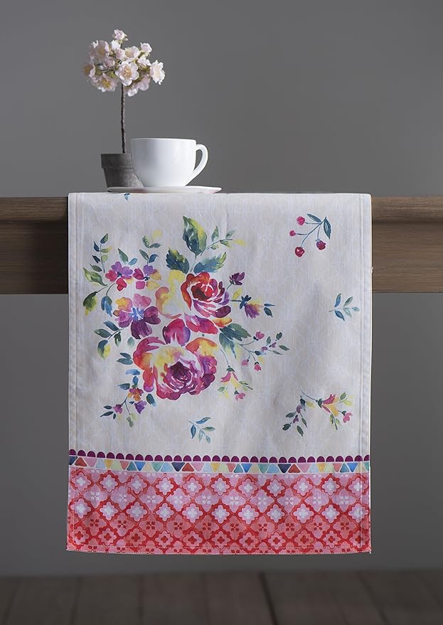 Table Runner, 100% Cotton, 14.5 x 72 Inch Double Layer, Rose Garden