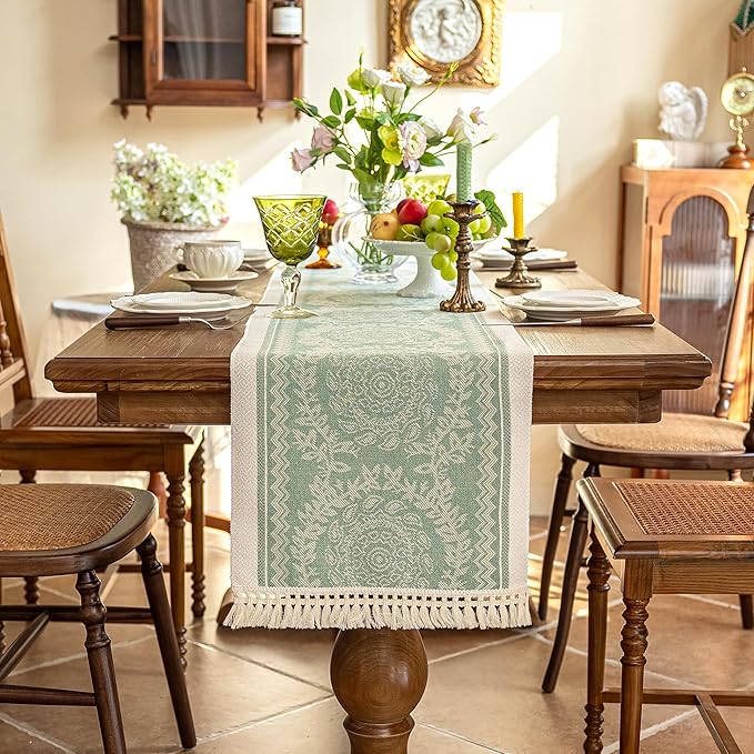 Table Runner, Green Boho Polyester, 14 x 95 Inch with Fringe