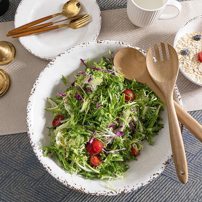 Serving Bowls 2-Pack, 13.75-Inch Ivory Melamine with Rustic Crackled Finish