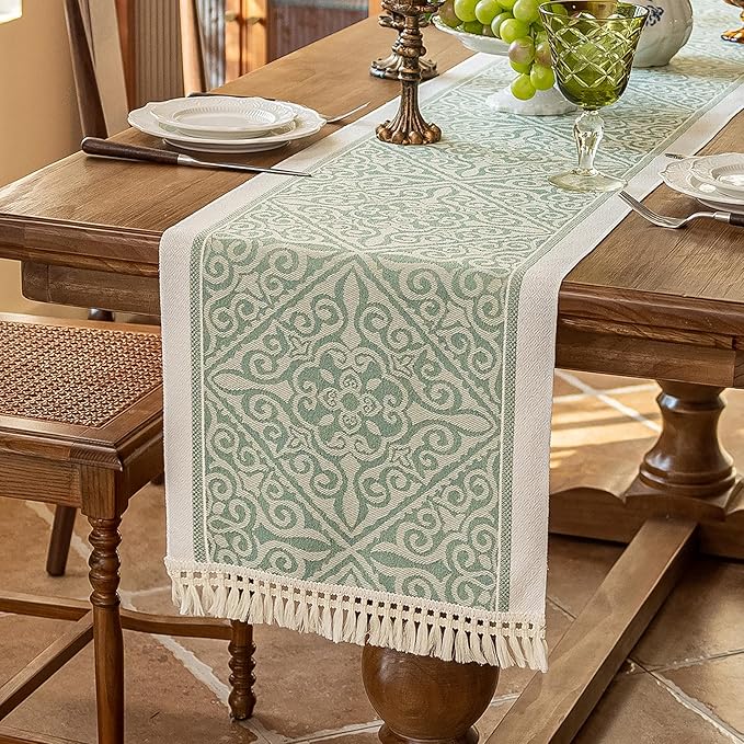 Table Runner, Green Boho with Fringe, Polyester, 14 x 72 Inches