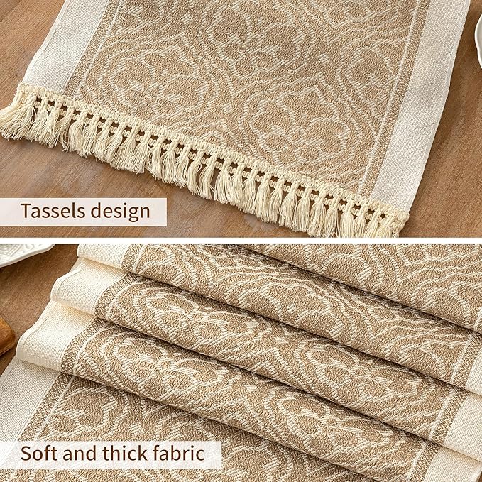 Coffee Polyester Table Runner, 14 x 95 Inch Geometric Fringed Design