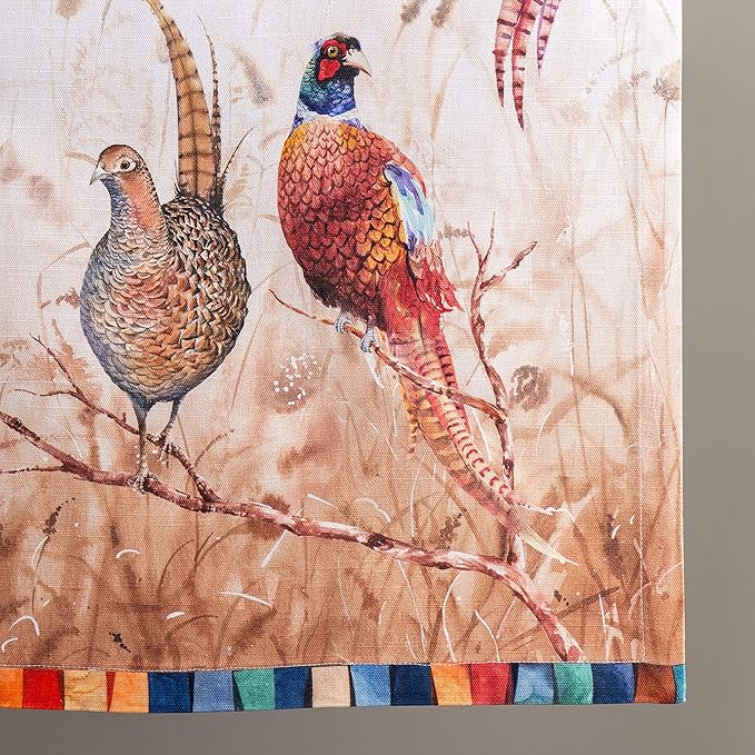 Cotton Table Runner 14.5 x 90 Inch, Faisan D'Automne Watercolor Design