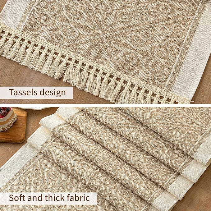 Coffee Boho Table Runner with Fringed Trim, 14 x 63 Inches